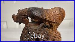 Vintage Mas Bali Wood Carving Old Man with 3 Roosters Bird Cage Sculpture Tantra