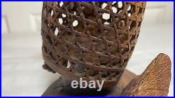 Vintage Mas Bali Wood Carving Old Man with 3 Roosters Bird Cage Sculpture Tantra