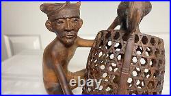 Vintage Mas Bali Wood Carving Old Man with 3 Roosters Bird Cage Sculpture Tantra