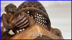 Vintage Mas Bali Wood Carving Old Man with 3 Roosters Bird Cage Sculpture Tantra