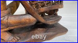 Vintage Mas Bali Wood Carving Old Man with 3 Roosters Bird Cage Sculpture Tantra