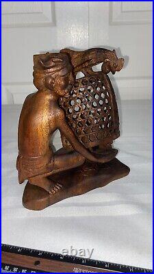 Vintage Mas Bali Wood Carving Old Man with 3 Roosters Bird Cage Sculpture Tantra