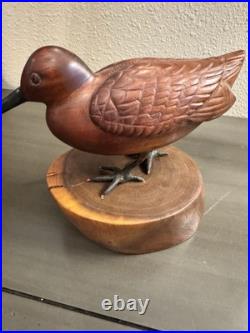 Vintage Mid-late 20th Century Carved Cherry Woodcock On Stand Signed Folk Art Vintage Mid-late 20th Century Carved Cherry Woodcock On Stand Signed Folk Art