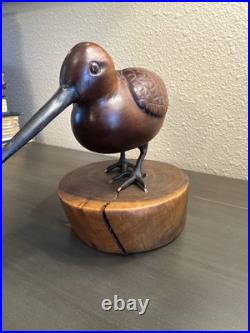 Vintage Mid-late 20th Century Carved Cherry Woodcock On Stand Signed Folk Art Vintage Mid-late 20th Century Carved Cherry Woodcock On Stand Signed Folk Art
