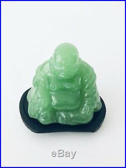 Vintage Miniature Carved Jade Chinese Buddha Statue Sculpture With Wood Stand 3H