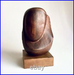 Vintage Minimalist Wood Mother & Child Bust Sculpture Reminiscent of Brancusi