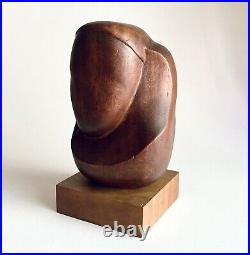 Vintage Minimalist Wood Mother & Child Bust Sculpture Reminiscent of Brancusi