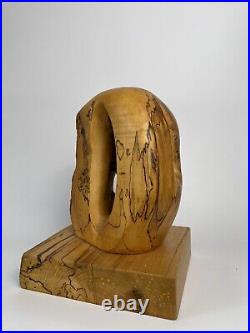 Vintage Modern Abstract Brutalist Wood Sculpture On Wood Base Signed By Artist