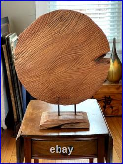 Vintage Nature Inspired Hand-Carved Wood Sculpture Disc Abstract Contemporary