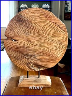 Vintage Nature Inspired Hand-Carved Wood Sculpture Disc Abstract Contemporary