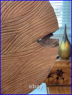 Vintage Nature Inspired Hand-Carved Wood Sculpture Disc Abstract Contemporary