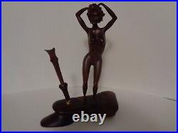 Vintage Nude Wooden Woman Hand Carved Sculpture Statue Desk Pen Holder