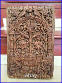 Vintage Old Hand Carved Wooden Rare Parrot, Flower Figure Wall Hanging Panel