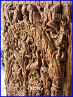 Vintage Old Hand Carved Wooden Rare Parrot, Flower Figure Wall Hanging Panel