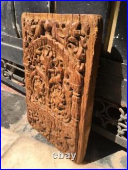 Vintage Old Hand Carved Wooden Rare Parrot, Flower Figure Wall Hanging Panel