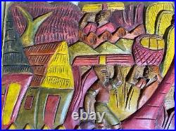 Vintage Painted Carved Wood Relief A Farm Scene With Figures