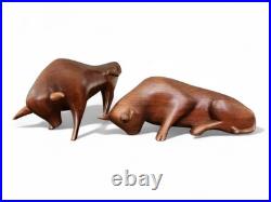 Vintage Pair Modernist Carved Wood Bull Sculptures Mid Century Modern Art