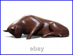Vintage Pair Modernist Carved Wood Bull Sculptures Mid Century Modern Art
