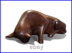 Vintage Pair Modernist Carved Wood Bull Sculptures Mid Century Modern Art