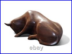 Vintage Pair Modernist Carved Wood Bull Sculptures Mid Century Modern Art