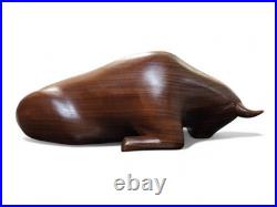 Vintage Pair Modernist Carved Wood Bull Sculptures Mid Century Modern Art