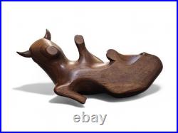 Vintage Pair Modernist Carved Wood Bull Sculptures Mid Century Modern Art