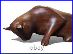 Vintage Pair Modernist Carved Wood Bull Sculptures Mid Century Modern Art