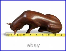 Vintage Pair Modernist Carved Wood Bull Sculptures Mid Century Modern Art