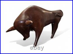 Vintage Pair Modernist Carved Wood Bull Sculptures Mid Century Modern Art