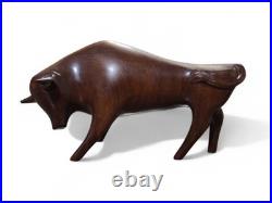 Vintage Pair Modernist Carved Wood Bull Sculptures Mid Century Modern Art