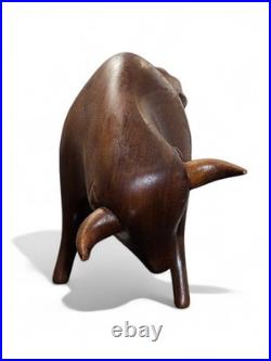 Vintage Pair Modernist Carved Wood Bull Sculptures Mid Century Modern Art