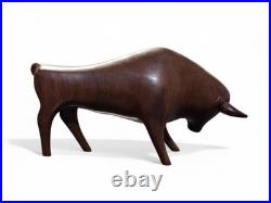 Vintage Pair Modernist Carved Wood Bull Sculptures Mid Century Modern Art