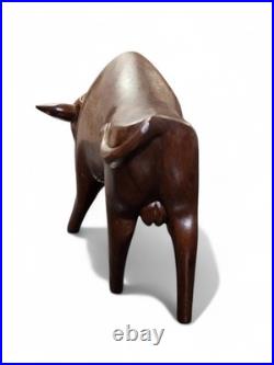 Vintage Pair Modernist Carved Wood Bull Sculptures Mid Century Modern Art
