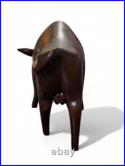 Vintage Pair Modernist Carved Wood Bull Sculptures Mid Century Modern Art