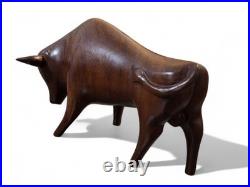 Vintage Pair Modernist Carved Wood Bull Sculptures Mid Century Modern Art