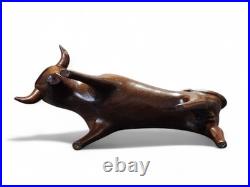 Vintage Pair Modernist Carved Wood Bull Sculptures Mid Century Modern Art
