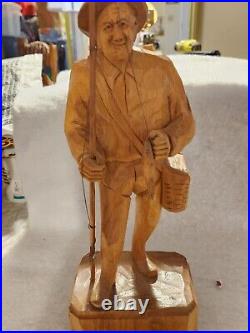 Vintage Paul Emile Caron Carving Folk Art Wood Signed Quebec Fisherman