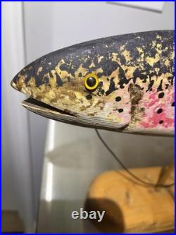 Vintage Randy Hofman Signed Folk Art Hand Carved Wooden Rainbow Trout Fish