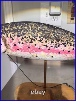 Vintage Randy Hofman Signed Folk Art Hand Carved Wooden Rainbow Trout Fish