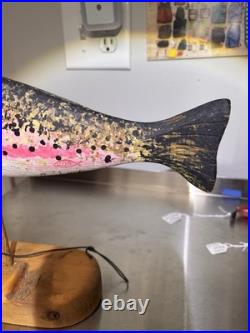 Vintage Randy Hofman Signed Folk Art Hand Carved Wooden Rainbow Trout Fish