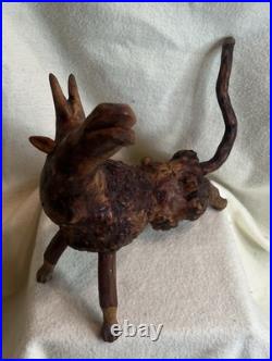 Vintage Root Burl Wood Carving Horned Animal Spirit Folk Art Sculpture Rustic PN