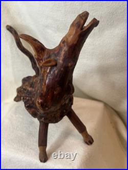 Vintage Root Burl Wood Carving Horned Animal Spirit Folk Art Sculpture Rustic PN