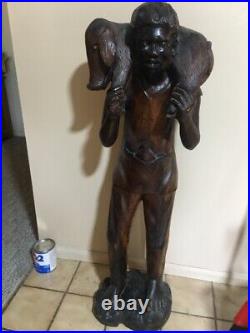 Vintage SIGND Quality Haitian LRG Hand Carved Wood Sculpture Statue FARMER & PIG