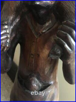 Vintage SIGND Quality Haitian LRG Hand Carved Wood Sculpture Statue FARMER & PIG