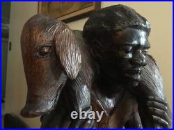 Vintage SIGND Quality Haitian LRG Hand Carved Wood Sculpture Statue FARMER & PIG