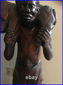 Vintage SIGND Quality Haitian LRG Hand Carved Wood Sculpture Statue FARMER & PIG