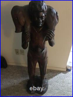 Vintage SIGND Quality Haitian LRG Hand Carved Wood Sculpture Statue FARMER & PIG