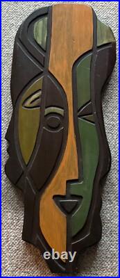 Vintage Sculptural Abstract Heads Carved Wood Wall Art MCM Modern Mid Century