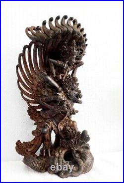 Vintage Signed Bali Wood Carving Vishnu Riding Garuda Naga Pita Maha Art Society