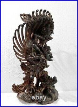 Vintage Signed Bali Wood Carving Vishnu Riding Garuda Naga Pita Maha Art Society